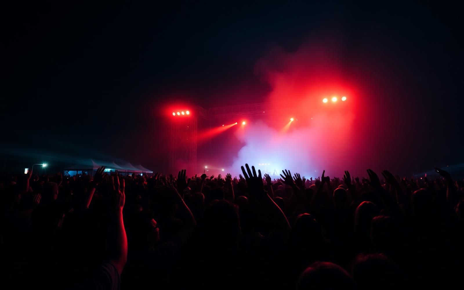 Crowd with raised hands at a night festival lit by stage lights